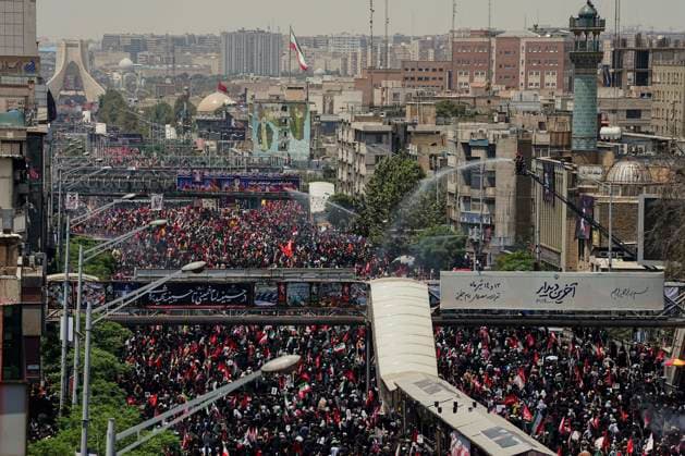 Tehran Funeral Procession For Khamenei Mourners take part in the funeral procession of Iran s slain supreme leader Ali Khamenei and his family members in Tehran, Iran, July 6, 2026. Vast crowds gathered for the funeral procession of Iran s slain supreme leader Ali Khamenei in Tehran on July 6, with authorities estimating millions were on the streets in numbers that could rival those of his predecessor s farewell nearly four decades ago. Tehran Tehran Iran Copyright: xArezoox
