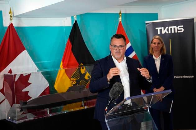 July 6, 2026, Ottawa, On, CAN: TKMS CEO Oliver Burkhard speaks at a news conference, as Ambassador of Germany to Canada Tjorven Bellmann, right, listens, on Monday, July 6, 2026. Germany s TKMS has been chosen as the preferred bidder to supply the navy s next fleet of submarines, over South Korea s Hanwha. Ottawa CAN  - ZUMAc35_ 20260706_zaf_c35_121 Copyright: xJustinxTangx