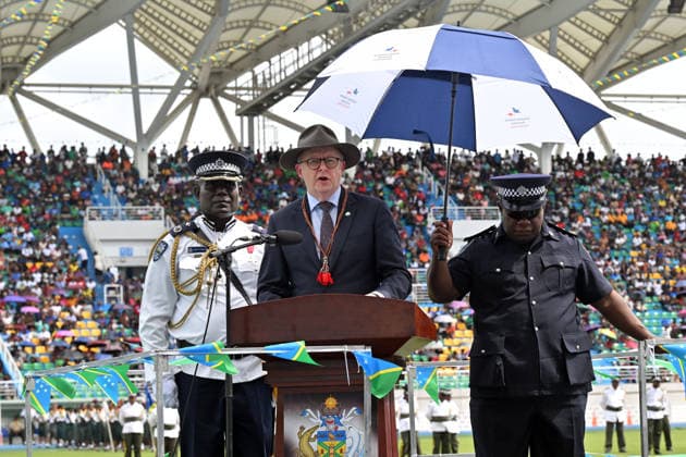 ANTHONY ALBANESE PACIFIC ISLANDS VISIT, Australia™s Prime Minister Anthony Albanese speaks during Independence Day celebrations at National Stadium in Honiara, Solomon Islands, Tuesday, July 7, 2026. ( NO ARCHIVING HONIARA SOLOMON ISLANDS  Copyright: xMICKxTSIKASx 20260707156922932951