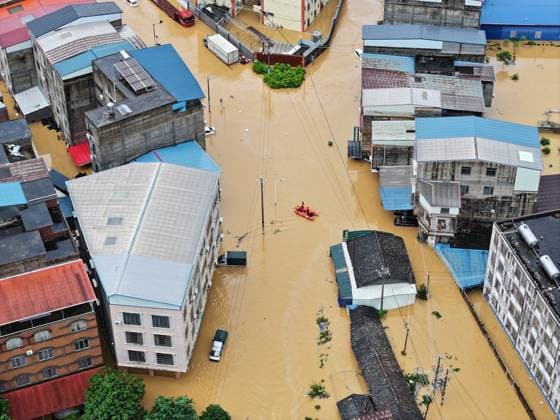 NANNING, CHINA - JULY 06: In an aerial view, floodwaters inundate Pingshan Village after local reservoirs overflowed due to Typhoon Maysak on July 6, 2026 in Hengzhou, Nanning, Guangxi Zhuang Autonomous Region of China. Local authorities are organizing the evacuation of residents in affected areas of Hengzhou City and Binyang County in Guangxi.  Copyright: xChinaxNewsxServicex 111652617437