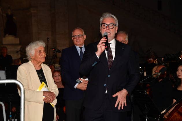IPA86455778 - Rome, Piazza del Campidoglio: Nicola Piovani’s Tribute Concert to Ennio Morricone. Pictured: Maria Travia, Federico Mollicone, Walter Veltroni, Roberto Gualtieri  Copyright: xVincenzoxLandix xVincenzoxLandix 86455778