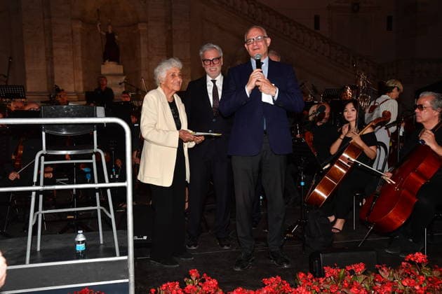 IPA86455776 - Rome, Piazza del Campidoglio: Nicola Piovani’s Tribute Concert to Ennio Morricone. Pictured: Maria Travia, Federico Mollicone, Walter Veltroni, Roberto Gualtieri  Copyright: xVincenzoxLandix xVincenzoxLandix 86455776