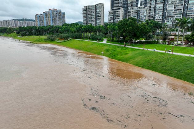 NANNING, CHINA - JULY 06: Aerial view of riverside walkways submerged in flood water on July 6, 2026 in Nanning, Guangxi Zhuang Autonomous Region of China. Local authorities launched a Level-IV flood emergency response as the river exceeded warning levels following heavy rainfall brought by typhoon Maysak.  Copyright: xChinaxNewsxServicex 111652649612