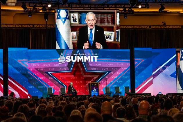 July 6, 2026, National Harbor, Maryland, USA: Prime Minister of Israel BENJAMIN NETANYAHU speaking, via a live video connection, to the 2026 Christians United for Israel (CUFI) Washington Summit at the Gaylord National Resort & Convention Center in National Harbor, Maryland. National Harbor USA - ZUMAb161 20260706_aap_b161_018 Copyright: xMichaelxBrochsteinx