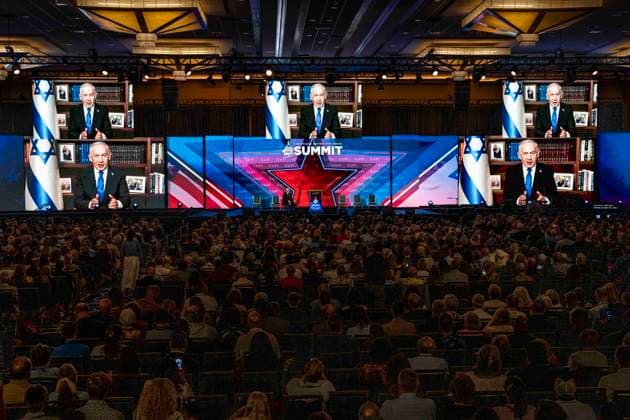 July 6, 2026, National Harbor, Maryland, USA: Prime Minister of Israel BENJAMIN NETANYAHU speaking, via a live video connection, to the 2026 Christians United for Israel (CUFI) Washington Summit at the Gaylord National Resort & Convention Center in National Harbor, Maryland. National Harbor USA - ZUMAb161 20260706_aap_b161_019 Copyright: xMichaelxBrochsteinx