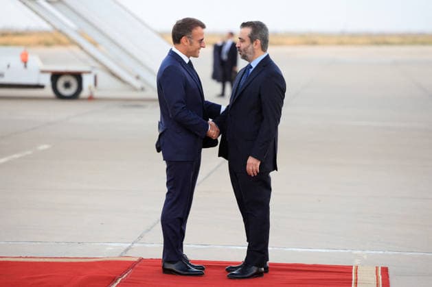 President Macron Arrives For A State Visit To Damascus France s President Emmanuel Macron (L) is welcomed by Syria s Foreign Minister Asaad al-Shaibani (R) as he arrives for a state visit at the Damascus International Airport in Damascus on July 6, 2026. French President Emmanuel Macron arrived in Damascus on July 6, 2026 for the first visit by a Western European head of state since Syria s new authorities took power in 2024, an AFP journalist said. Macron, who will depart on July 7, 2026, will advocate for a free, pluralist Syria that respects each of its components and plays a role in moderating Middle East tensions, the French presidency told journalists ahead of his arrival. Photo by Ludovic Marin Pool ABACAPRESS.COM Damascus Syria  Copyright: xMarinxLudovic Pool ABACAx