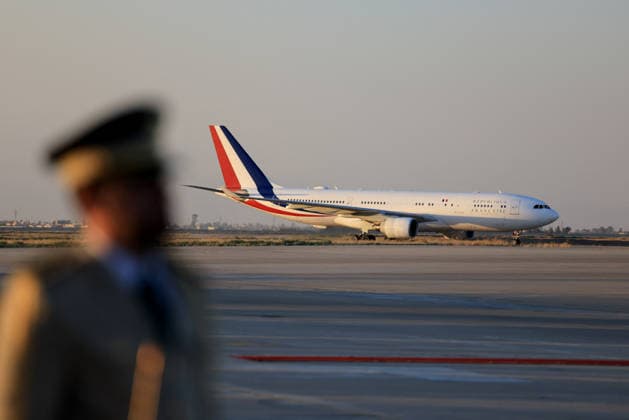 President Macron Arrives For A State Visit To Damascus The plane transporting France s President lands at the Damascus International Airport in Damascus on July 6, 2026. French President Emmanuel Macron arrived in Damascus on July 6, 2026 for the first visit by a Western European head of state since Syria s new authorities took power in 2024, an AFP journalist said. Macron, who will depart on July 7, 2026, will advocate for a free, pluralist Syria that respects each of its components and plays a role in moderating Middle East tensions, the French presidency told journalists ahead of his arrival. Photo by Ludovic Marin Pool ABACAPRESS.COM Damascus Syria  Copyright: xMarinxLudovic Pool ABACAx
