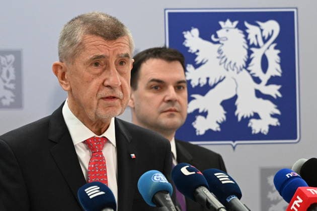 From left: Czech Prime Minister Andrej Babis and Foreign Affairs Minister Petr Macinka give a press briefing on departure for NATO summit in Ankara, on July 7, 2026, in Prague, Czech Republic. (CTKxPhoto KaterinaxSulova) CTKPhotoP2026070702264  CTKPhotoP2026070702264
