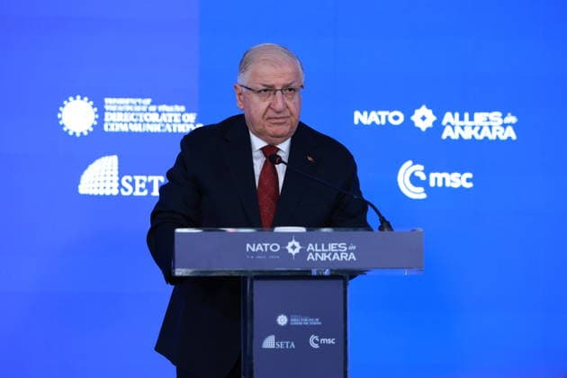 Allies in Ankara program held as part of NATO Summit in Ankara ANKARA, TURKIYE - JULY 07: Turkish National Defense Minister Yasar Guler delivers a speech during the Allies in Ankara program, organized jointly by the Republic of Turkiye Directorate of Communications , the Munich Security Conference (MSC), and the Foundation for Political, Economic and Social Research (SETA), as part of the 36th NATO Heads of State and Government Summit in Ankara, Turkiye, on July 07, 2026. Aytug Can Sencar Anadolu Ankara Turkey. Editorial use only. Please get in touch for any other usage.  Copyright: x2026xAnadoluxAytugxCanxSencarx
