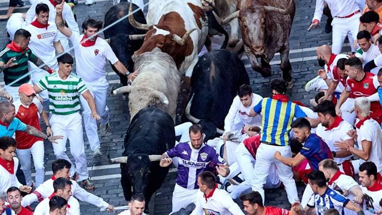 IPA86463746 - Pamplona, Navarre. July 7, 2026. Festivities. San Fermin. Bull Run. The first bull run of the 2026 San Fermin festival, featuring bulls from Fuente Ymbro, took place at the end of Estafeta Street and the Telefónica section in Pamplona on July 7, 2026. First bull run of San Fermin 2026 with bulls from Fuente Ymbro at the end of Estafeta Street and the Telefónica section in Pamplona on July 7, 2026. Inigo Alzugaray Cordon Press Cordon Press  Copyright: x CordonxPress LiveMediax xx 86463746