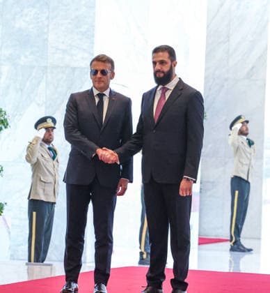 Ahmed al-Sharaa - Emmanuel Macron meeting in Damascus DAMASCUS, SYRIA - JULY 07: French President Emmanuel Macron (L) meets with Syrian President Ahmed al-Sharaa (R) at the People s Palace in Damascus during an official visit in Damascus, Syria on July 07, 2026. Izz Aldien Alqasem Anadolu Damascus Syria. Editorial use only. Please get in touch for any other usage.  Copyright: x2026xAnadoluxIzzxAldienxAlqasemx