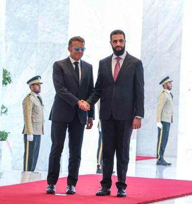 Ahmed al-Sharaa - Emmanuel Macron meeting in Damascus DAMASCUS, SYRIA - JULY 07: French President Emmanuel Macron (L) meets with Syrian President Ahmed al-Sharaa (R) at the People s Palace in Damascus during an official visit in Damascus, Syria on July 07, 2026. Izz Aldien Alqasem Anadolu Damascus Syria. Editorial use only. Please get in touch for any other usage.  Copyright: x2026xAnadoluxIzzxAldienxAlqasemx