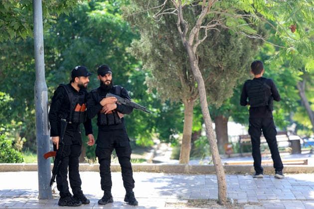 Atmosphere During President Macron State Visit To Damascus Syrian security forces patrol near France s President s hotel during his visit in Damascus on July 7, 2026. Syria s President Ahmed al-Sharaa hailed France s constructive role in the transition since the toppling of longtime ruler Bashar al-Assad, as French leader Emmanuel Macron made the first post-conflict visit to Damascus by a Western European leader. (hoto by Ludovic Marin Pool ABACAPRESS.COM Damascus Syria  Copyright: xMarinxLudovic Pool ABACAx
