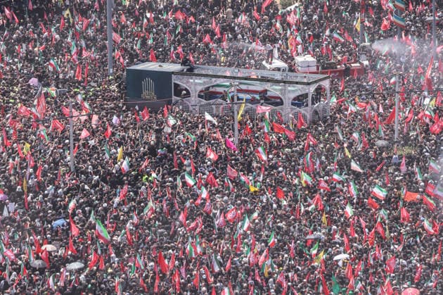Ayatollah Ali Khamenei Mourners Massive crowds flooded the streets of Tehran stretching from Azadi Square as millions participated in the state funeral procession for the late Supreme Leader Ayatollah Ali Khamenei. Mourners accompanied the flag-draped coffins, calling for justice and revenge following the February 28 strikes  Copyright: xJackxHillx NINTCHDBPICT001093568124