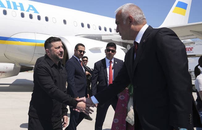 NATO Heads of State and Government Summit in Ankara ANKARA, TURKIYE - JULY 7: Ukrainian President Volodymyr Zelenskyy is welcomed by the Turkish Minister of Culture and Tourism Mehmet Nuri Ersoy at Esenboga Airport ahead of the 36th NATO Heads of State and Government Summit and is welcomed by in Ankara, Turkiye, on July 7, 2026. Metin Aktas Anadolu Ankara Turkey. Editorial use only. Please get in touch for any other usage.  Copyright: x2026xAnadoluxMetinxAktasx