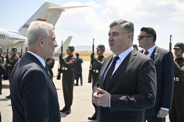 NATO Heads of State and Government Summit in Ankara ANKARA, TURKIYE - JULY 7: Turkish Trade Minister Omer Bolat and an accompanying delegation welcome Croatian President Zoran Milanovic with an official ceremony upon his arrival at Esenboga Airport to attend the 36th NATO Heads of State and Government Summit, in Ankara, Turkiye on July 7, 2026. Ismail Kaplan Anadolu Ankara Turkey. Editorial use only. Please get in touch for any other usage.  Copyright: x2026xAnadoluxIsmailxKaplanx