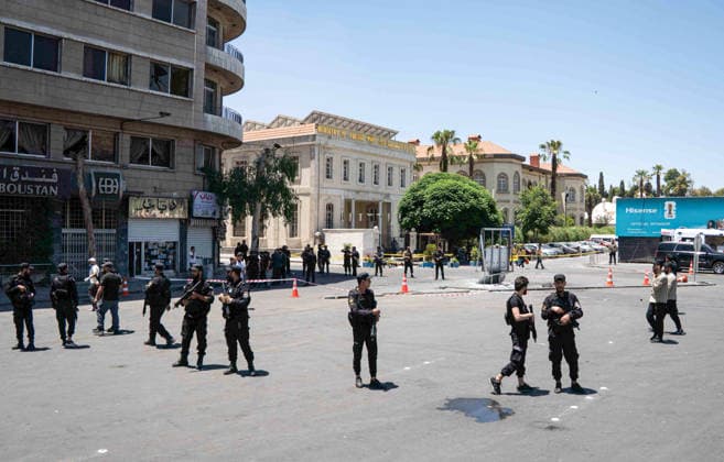 Eighteen injured in double explosions near Tourism Ministry in Syrian capital Damascus DAMASCUS, SYRIA - JULY 7: Security forces take strict security measures following two consecutive explosions that occurred near the Ministry of Tourism building, injuring 18 people including four security personnel, in Damascus, Syria on July 7, 2026. The area was cordoned off as emergency teams and security units responded to the aftermath of the twin blasts in the capital. Anagha Subhash Nair Anadolu Damascus Syria. Editorial use only. Please get in touch for any other usage.  Copyright: x2026xAnadoluxAnaghaxSubhashxNairx
