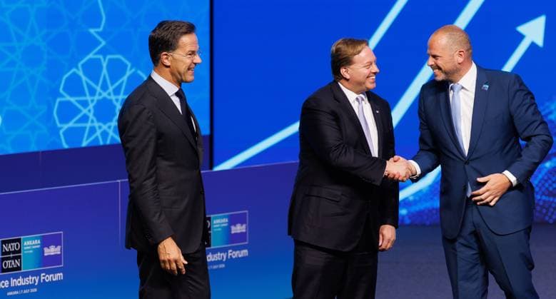 NATO Secretary General Mark Rutte , U.S. Under Secretary of Defense for Acquisition and Sustainment Michael Duffey and Minister of Defence and Foreign Trade Theo Francken pictured during the Defence Industry Forum during a head of states summit of the NATO (North Atlantic Treaty Organization) military alliance, Tuesday 07 July 2026, in Ankara, Turkey.  BENOITxDOPPAGNE 180588995