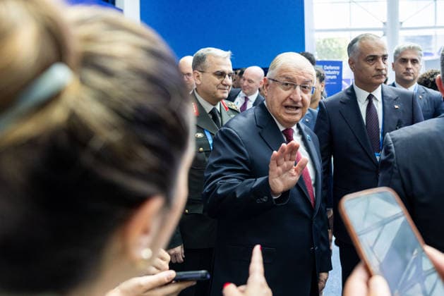 July 7, 2026, Ankara, Turkey: Turkish Minister of National Defence Yasar Guler greets journalists ahead of the main session on the first day of the NATO Summit Defence Industry Forum, held as part of the NATO Summit. Pictured: Yasar Guler Ankara Turkey  - ZUMAl194 20260707_zip_l194_006 Copyright: xMarekxLadzinskix