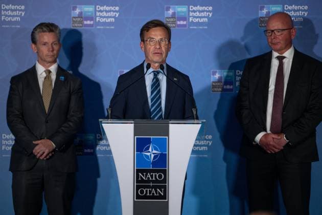 NATO Heads of State and Government Summit in Ankara ANKARA, TURKIYE - JULY 07: Swedish Prime Minister Ulf Kristersson (C), Swedish Minister for Defence Pal Jonson (L), and Saab President and CEO Micael Johansson (R) speak at a press conference during the 36th NATO Heads of State and Government Summit in Ankara, Turkiye on July 07, 2026. Ismail Aslandag Anadolu Ankara Turkey. Editorial use only. Please get in touch for any other usage.  Copyright: x2026xAnadoluxIsmailxAslandagx