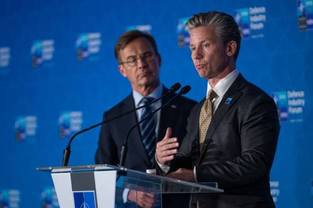 NATO Heads of State and Government Summit in Ankara ANKARA, TURKIYE - JULY 07: Swedish Prime Minister Ulf Kristersson (L), Swedish Minister for Defence Pal Jonson (R), and Saab President and CEO Micael Johansson (not seen) speak at a press conference during the 36th NATO Heads of State and Government Summit in Ankara, Turkiye on July 07, 2026. Ismail Aslandag Anadolu Ankara Turkey. Editorial use only. Please get in touch for any other usage.  Copyright: x2026xAnadoluxIsmailxAslandagx