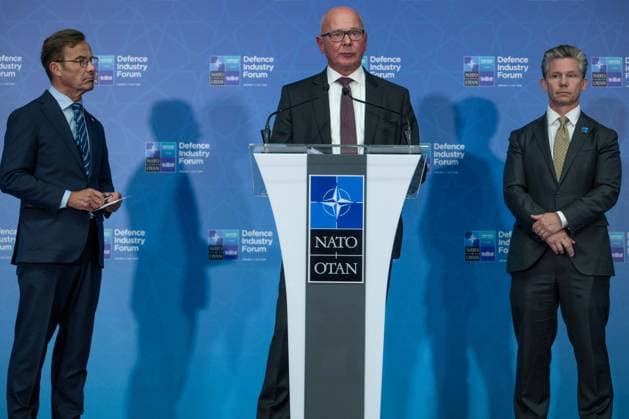 NATO Heads of State and Government Summit in Ankara ANKARA, TURKIYE - JULY 07: Swedish Prime Minister Ulf Kristersson (L), Swedish Minister for Defence Pal Jonson (R), and Saab President and CEO Micael Johansson (C) speak at a press conference during the 36th NATO Heads of State and Government Summit in Ankara, Turkiye on July 07, 2026. Ismail Aslandag Anadolu Ankara Turkey. Editorial use only. Please get in touch for any other usage.  Copyright: x2026xAnadoluxIsmailxAslandagx