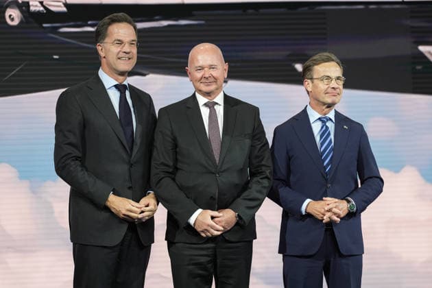 NATO Heads of State and Government Summit in Ankara ANKARA, TURKIYE - JULY 07: NATO Secretary General Mark Rutte (L), Swedish Prime Minister Ulf Kristersson (R) and Saab Chief Executive Officer Micael Johansson (C) attend the Defense Industry Forum held as part of the 36th NATO Heads of State and Government Summit in Ankara, Turkiye, on July 07, 2026. The forum focuses on transatlantic defense production and related investments. Dilara Irem Sancar Anadolu Ankara Turkey. Editorial use only. Please get in touch for any other usage.  Copyright: x2026xAnadoluxDilaraxIremxSancarx