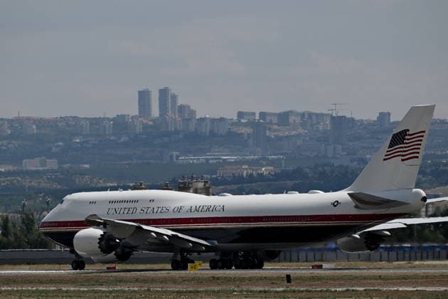 United States President Donald Trump arrives in Ankara ANKARA, TURKIYE - JULY 7: A view of the aircraft carrying United States President Donald Trump lands at Ankara Airport during his official visit ahead of the 36th NATO Heads of State and Government Summit in Ankara, Turkiye, on July 7, 2026. Abdullah Guclu Anadolu Ankara Turkey. Editorial use only. Please get in touch for any other usage.  Copyright: x2026xAnadoluxAbdullahxGuclux