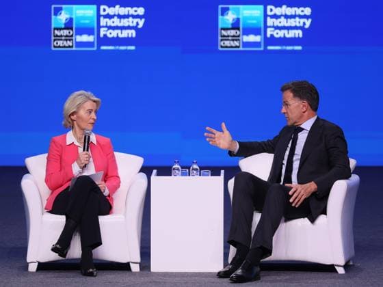European Commission President Ursula von der Leyen and NATO Secretary General Mark Rutte pictured during the Defence Industry Forum during a head of states summit of the NATO (North Atlantic Treaty Organization) military alliance, Tuesday 07 July 2026, in Ankara, Turkey.  BENOITxDOPPAGNE 180595255