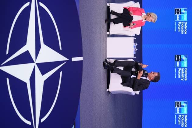 European Commission President Ursula von der Leyen and NATO Secretary General Mark Rutte pictured during the Defence Industry Forum during a head of states summit of the NATO (North Atlantic Treaty Organization) military alliance, Tuesday 07 July 2026, in Ankara, Turkey.  BENOITxDOPPAGNE 180595451