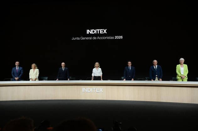 Inditex Annual Shareholders Meeting at the Arteixo headquarters Inditex s non-executive chairwoman, Marta Ortega c, the board secretary, Javier Monteoliva Díaz 3d, and Inditex s CEO, Óscar García Maceiras 3i, during the Inditex Group’s Annual General Shareholders’ Meeting on July 7, 2026, in Arteixo, A Coruna, Galicia, Spain. The corporate and financial meeting brings together top executives, board members, and shareholders to vote on the annual financial statements, ratify the excellent financial results from the previous fiscal year, approve the dividend distribution, and analyze the expansion and sustainable innovation plan for its global brands. JULY 7, 2026 A. A Coruna, Galicia A Coruna, Galicia, Spain  Copyright: xM.xDylanx 7651289