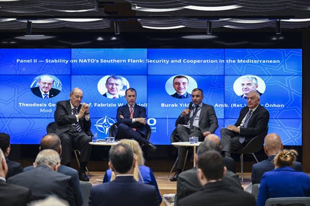 NATO Summit Dialogues in Ankara ANKARA, TURKIYE - JULY 07: Former Atlantic Treaty Association (ATA) President Prof. Fabrizio W. Luccioli (2nd L), retired Turkish Ambassador Omer Onhon (R), and security and defense analyst Burak Yildirim (2nd R) attend the panel titled Stability on NATO s Southern Flank: Security and Cooperation in the Mediterranean as part of the NATO Summit Dialogues event organized by the Turkish Atlantic Council (ATA Turkiye) and the Hariciye Center for Foreign Policy and Security Studies in Ankara, Turkiye on July 07, 2026. The panel was moderated by Theodossios Georgiou (L), President of the Atlantic Treaty Association (ATA). Fatma Nur Arslan Anadolu Ankara Turkey. Editorial use only. Please get in touch for any ot  Copyright: x2026xAnadoluxFatmaxNurxArslanx