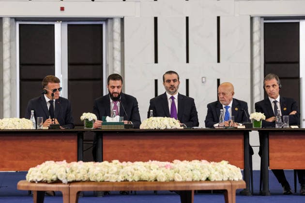 Syrian President Ahmed Shara and French President Emmanuel Macron address Syria-France Economic Forum in Damascus DAMASCUS, SYRIA - JULY 7: French President Emmanuel Macron (L), who is on an official visit to Damascus, and Syrian President Ahmed Shara (2nd L) deliver speeches during the Syria-France Economic Forum, also attended by Syrian Foreign Minister Asad Hasan Shaybani (C), in Damascus, Syria on July 7, 2026. Izz Aldien Alqasem Anadolu Damascus Syria. Editorial use only. Please get in touch for any other usage.  Copyright: x2026xAnadoluxIzzxAldienxAlqasemx