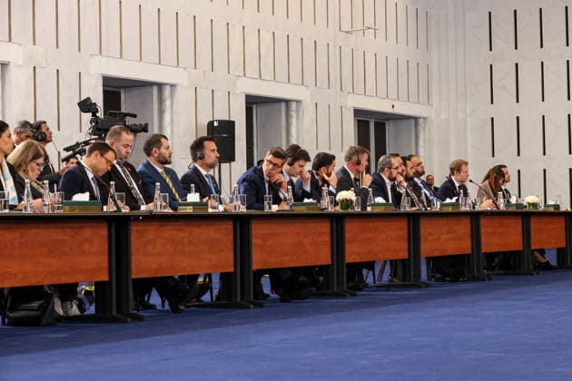 Syrian President Ahmed Shara and French President Emmanuel Macron address Syria-France Economic Forum in Damascus DAMASCUS, SYRIA - JULY 7: Syrian President Ahmed Shara and French President Emmanuel Macron, who is on an official visit to Damascus, deliver speeches during the Syria-France Economic Forum, in Damascus, Syria on July 7, 2026. The high-level economic event was attended by senior political officials from both Syria and France. Izz Aldien Alqasem Anadolu Damascus Syria. Editorial use only. Please get in touch for any other usage.  Copyright: x2026xAnadoluxIzzxAldienxAlqasemx