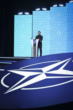 Defense Industry Forum held during NATO Summit in Ankara ANKARA, TURKIYE - JULY 7: Ukrainian President Volodymyr Zelenskyy delivers a speech at a podium during the Defense Industry Forum held within the 36th NATO Heads of State and Government Summit in Ankara, Turkiye, on July 7, 2026. Berke Bayur Anadolu Ankara Turkey. Editorial use only. Please get in touch for any other usage.  Copyright: x2026xAnadoluxBerkexBayurx