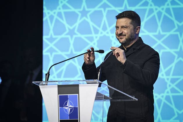 Defense Industry Forum held during NATO Summit in Ankara ANKARA, TURKIYE - JULY 7: Ukrainian President Volodymyr Zelenskyy delivers a speech at a podium during the Defense Industry Forum held within the 36th NATO Heads of State and Government Summit in Ankara, Turkiye, on July 7, 2026. Berke Bayur Anadolu Ankara Turkey. Editorial use only. Please get in touch for any other usage.  Copyright: x2026xAnadoluxBerkexBayurx