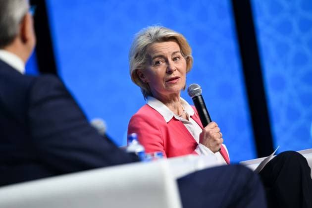 NATO Ankara Summit opens with Defense Industry Forum ANKARA, TURKIYE - JULY 07: European Commission President Ursula von der Leyen delivers remarks at the Defense Industry Forum, held as part of the 36th NATO Heads of State and Government Summit in Ankara, Turkiye, on July 07, 2026. The forum focuses on transatlantic defense production and related investments. Ismail Aslandag Anadolu Ankara Turkey. Editorial use only. Please get in touch for any other usage.  Copyright: x2026xAnadoluxIsmailxAslandagx