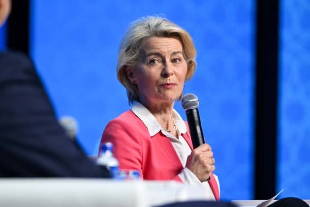 NATO Ankara Summit opens with Defense Industry Forum ANKARA, TURKIYE - JULY 07: European Commission President Ursula von der Leyen delivers remarks at the Defense Industry Forum, held as part of the 36th NATO Heads of State and Government Summit in Ankara, Turkiye, on July 07, 2026. The forum focuses on transatlantic defense production and related investments. Ismail Aslandag Anadolu Ankara Turkey. Editorial use only. Please get in touch for any other usage.  Copyright: x2026xAnadoluxIsmailxAslandagx
