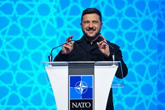 Defense Industry Forum held during NATO Summit in Ankara ANKARA, TURKIYE - JULY 7: Ukrainian President Volodymyr Zelenskyy delivers a speech at a podium during the Defense Industry Forum held within the 36th NATO Heads of State and Government Summit in Ankara, Turkiye, on July 7, 2026. Ismail Aslandag Anadolu Ankara Turkey. Editorial use only. Please get in touch for any other usage.  Copyright: x2026xAnadoluxIsmailxAslandagx