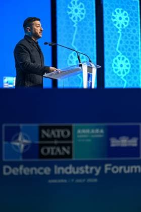 Defense Industry Forum held during NATO Summit in Ankara ANKARA, TURKIYE - JULY 7: Ukrainian President Volodymyr Zelenskyy delivers a speech at a podium during the Defense Industry Forum held within the 36th NATO Heads of State and Government Summit in Ankara, Turkiye, on July 7, 2026. Ismail Aslandag Anadolu Ankara Turkey. Editorial use only. Please get in touch for any other usage.  Copyright: x2026xAnadoluxIsmailxAslandagx