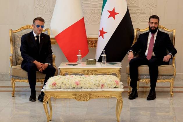 President Macron with President al-Sharaa Meeting - Damascus France s President Emmanuel Macron (L) and Syria s President Ahmed al-Sharaa attend a meeting at the People s Palace in Damascus on July 7, 2026. Syria s President Ahmed al-Sharaa hailed France s constructive role in the transition since the toppling of longtime ruler Bashar al-Assad, as French leader Emmanuel Macron made the first post-conflict visit to Damascus by a Western European leader. Photo by Ludovic Marin Pool ABACAPRESS.COM Damascus Syria  Copyright: xMarinxLudovic Pool ABACAx