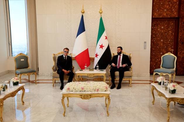 President Macron with President al-Sharaa Meeting - Damascus France s President Emmanuel Macron (L) and Syria s President Ahmed al-Sharaa attend a meeting at the People s Palace in Damascus on July 7, 2026. Syria s President Ahmed al-Sharaa hailed France s constructive role in the transition since the toppling of longtime ruler Bashar al-Assad, as French leader Emmanuel Macron made the first post-conflict visit to Damascus by a Western European leader. Photo by Ludovic Marin Pool ABACAPRESS.COM Damascus Syria  Copyright: xMarinxLudovic Pool ABACAx