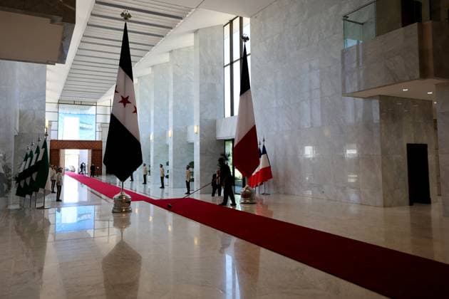 President Macron with President al-Sharaa Meeting - Damascus This photograph shows a general view of the Syrian presidential People s Palace ahead of France s President s and Syria s President s meeting in Damascus on July 7, 2026. Syria s President Ahmed al-Sharaa hailed France s constructive role in the transition since the toppling of longtime ruler Bashar al-Assad, as French leader Emmanuel Macron made the first post-conflict visit to Damascus by a Western European leader. Photo by Ludovic Marin Pool ABACAPRESS.COM Damascus Syria  Copyright: xMarinxLudovic Pool ABACAx
