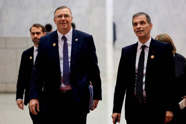 President Macron Visits Syria - Economic Forum Members of France s presidential delegation, TotalEnergies CEO Patrick Pouyanne (L) and CMA CGM Group Chairman and CEO Rodolphe Saade arrive at the Syrian presidential People s Palace ahead of France s President s and Syria s President s meeting in Damascus on July 7, 2026. Syria s President Ahmed al-Sharaa hailed France s constructive role in the transition since the toppling of longtime ruler Bashar al-Assad, as French leader Emmanuel Macron made the first post-conflict visit to Damascus by a Western European leader. Photo by Ludovic Marin Pool ABACAPRESS.COM Damascus Syria  Copyright: xMarinxLudovic Pool ABACAx