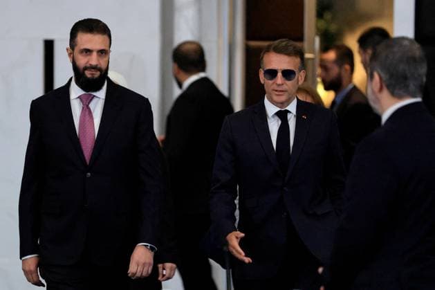 President Macron Visits Syria - Economic Forum France s President Emmanuel Macron (R) and Syria s President Ahmed al-Sharaa arrive to take part in the Economic forum focusing on the reconstruction of Syria and strategic corridors, in Damascus on July 7, 2026. Syria s President Ahmed al-Sharaa hailed France s constructive role in the transition since the toppling of longtime ruler Bashar al-Assad, as French leader Emmanuel Macron made the first post-conflict visit to Damascus by a Western European leader. Photo by Ludovic Marin Pool ABACAPRESS.COM Damascus Syria  Copyright: xMarinxLudovic Pool ABACAx