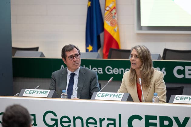 CEPYME General Assembly in Madrid: CEPYME President Ángela de Miguel, and CEOE President Antonio Garamendi, during the General Assembly of the Spanish Confederation of Small and Medium-Sized Enterprises (CEPYME) on July 7, 2026, in Madrid, Spain. This corporate meeting brings together industry leaders to establish strategic priorities in response to fiscal challenges, social dialogue, and the competitiveness of SMEs. JULY 7, 2026 Jesús Hellí Madrid, Spain  Copyright: xJesusxHellinx 7651593