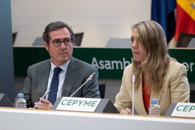 CEPYME General Assembly in Madrid: CEPYME President Ángela de Miguel, and CEOE President Antonio Garamendi, during the General Assembly of the Spanish Confederation of Small and Medium-Sized Enterprises (CEPYME) on July 7, 2026, in Madrid, Spain. This corporate meeting brings together industry leaders to establish strategic priorities in response to fiscal challenges, social dialogue, and the competitiveness of SMEs. JULY 7, 2026 Jesús Hellí Madrid, Spain  Copyright: xJesusxHellinx 7651594