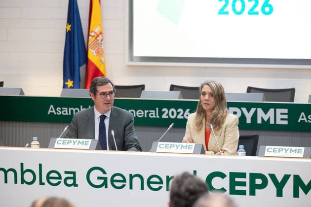 CEPYME General Assembly in Madrid: CEPYME President Ángela de Miguel, and CEOE President Antonio Garamendi, during the General Assembly of the Spanish Confederation of Small and Medium-Sized Enterprises (CEPYME) on July 7, 2026, in Madrid, Spain. This corporate meeting brings together industry leaders to establish strategic priorities in response to fiscal challenges, social dialogue, and the competitiveness of SMEs. JULY 7, 2026 Jesús Hellí Madrid, Spain  Copyright: xJesusxHellinx 7651597
