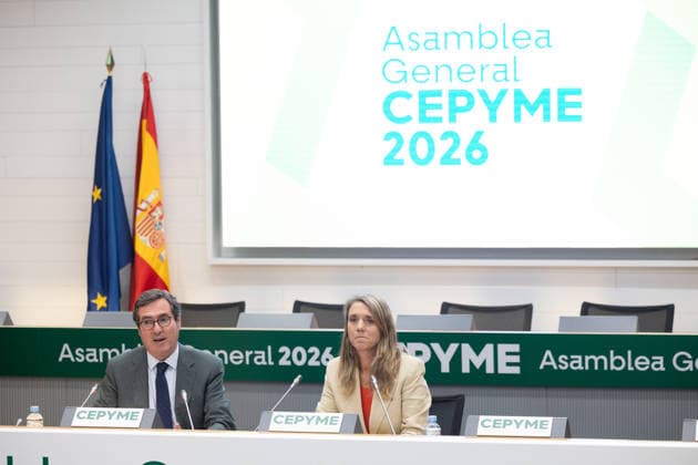 CEPYME General Assembly in Madrid: CEPYME President Ángela de Miguel, and CEOE President Antonio Garamendi, during the General Assembly of the Spanish Confederation of Small and Medium-Sized Enterprises (CEPYME) on July 7, 2026, in Madrid, Spain. This corporate meeting brings together industry leaders to establish strategic priorities in response to fiscal challenges, social dialogue, and the competitiveness of SMEs. JULY 7, 2026 Jesús Hellí Madrid, Spain  Copyright: xJesusxHellinx 7651599