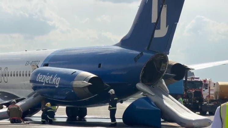 KYRGYZSTAN, BISHKEK - JULY 7, 2026: A view of a TezJet aircraft that made an emergency landing at Manas International Airport after completing a domestic flight from Manas. Video grab. Best quality available Bishkek Kyrgyzstan  - ZUMAt113 20260707_zaa_t113_253 Copyright: xKyrgyzstanxAirportsx